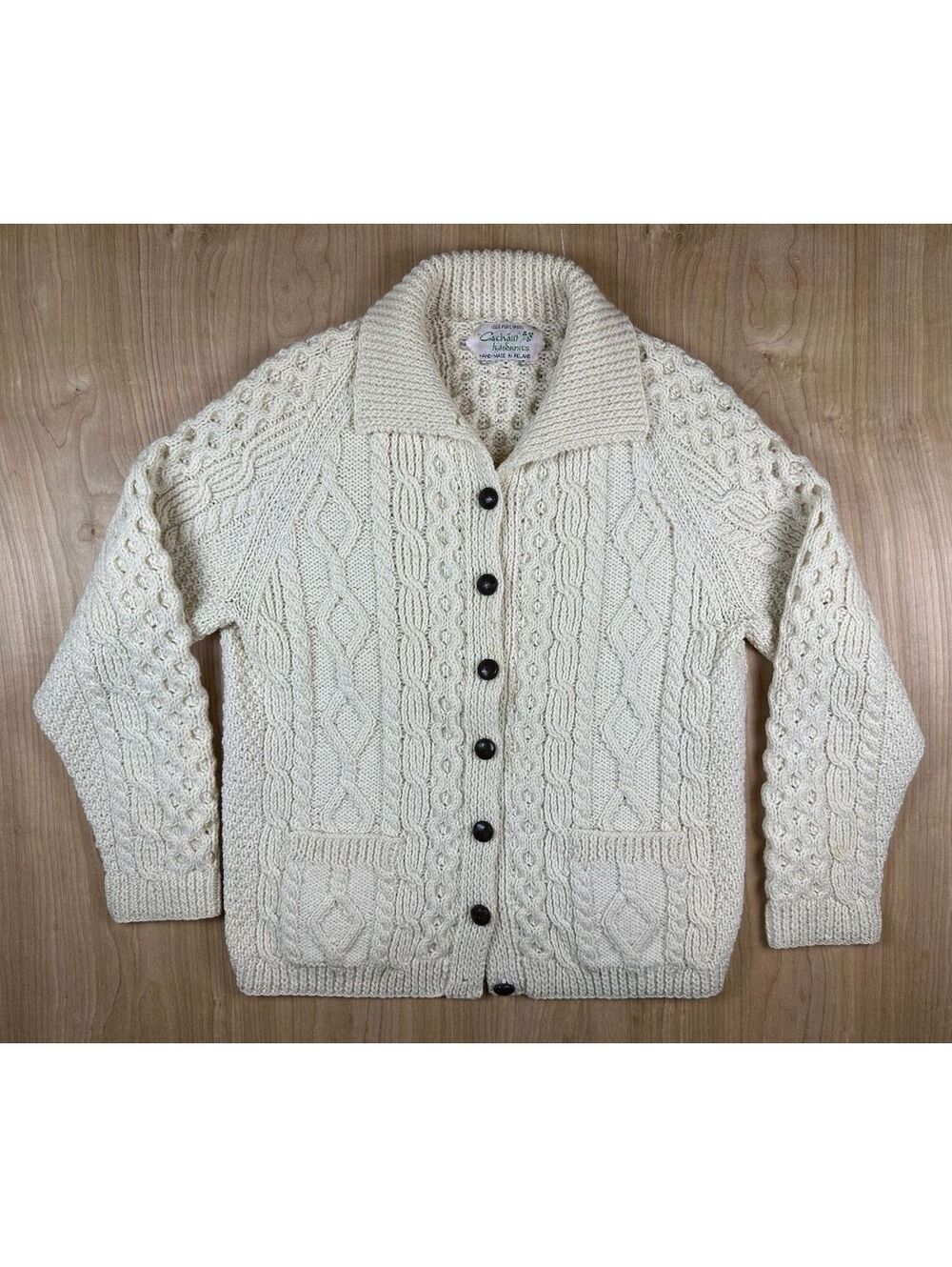 Vintage 70s Handmade Cable Knit Aran Sweater Cardigan 100% wool irish small